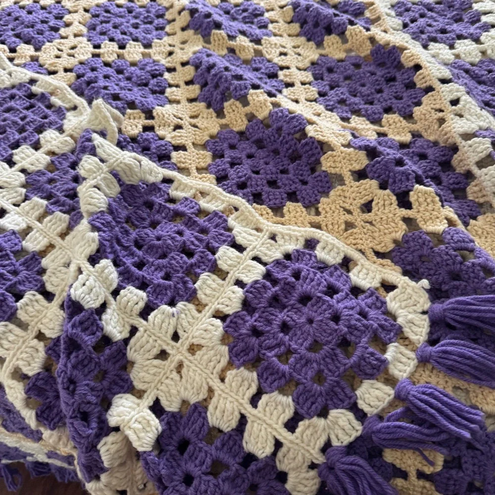 Vintage Handmade Crochet Granny Square Blanket Purple Cream Tassel Fringe King